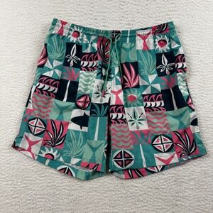 Rsvlts Swim Trunks Mens Large Green Tiki Retro Geometric Logo Stretch Surfing